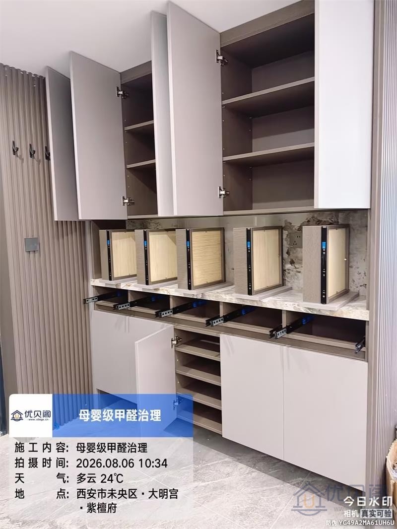 治理工程师穿戴防护设备喷洒除醛药剂于卧室家具